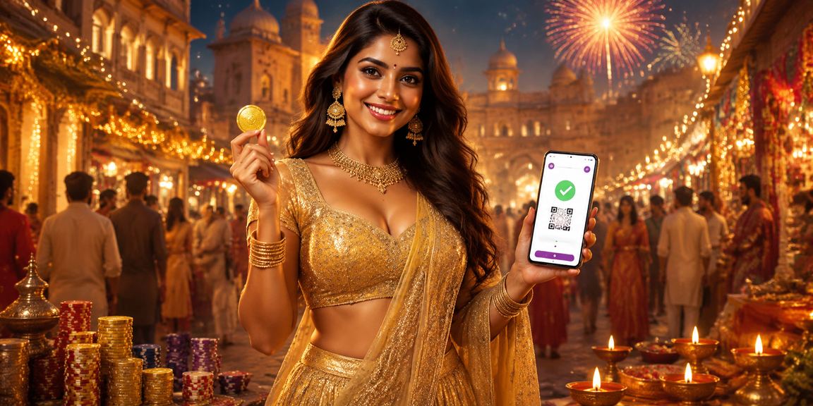 Indian woman paying bills with mobile app in traditional lehenga