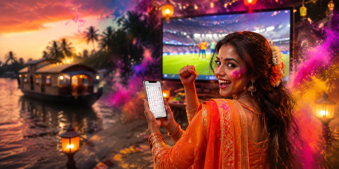 Kerala backwaters celebrating Holi festival with Lottery ticket in hand